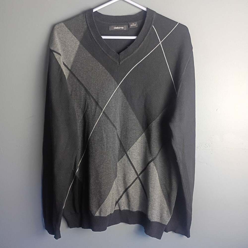 Claiborne Mens Cotton Pullover Long Sleeve V-Neck Argyle Sweater Black Grey